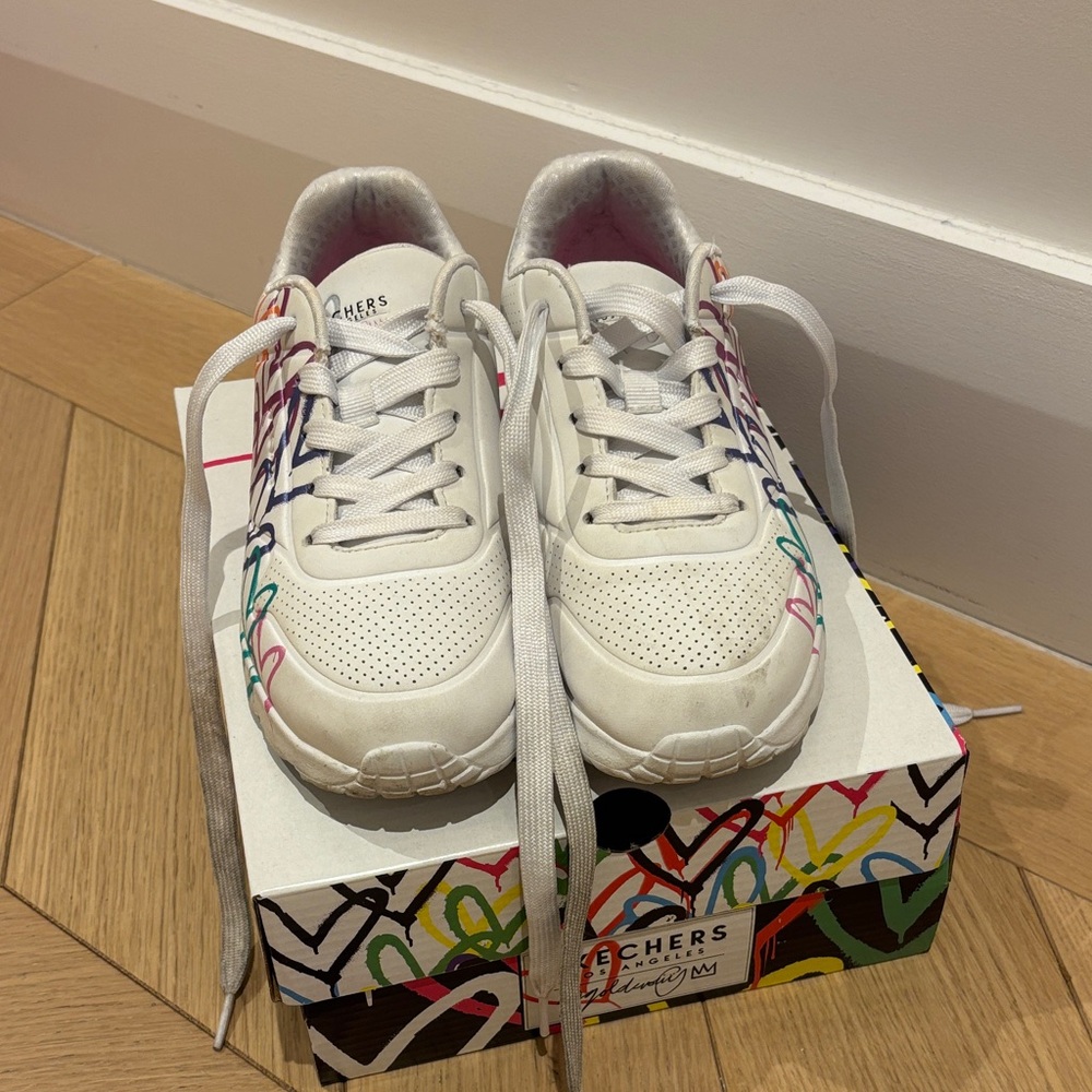 Skechers White Lace-Up Sneakers with Rainbow Heart Accents